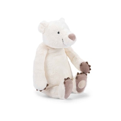 Ursinho de peluche branco com patas castanhas sentado.