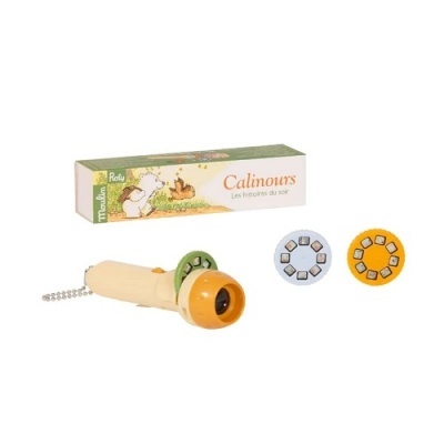 Projetor de histórias Calinours Moulin Roty com rodas coloridas e caixa ilustrada