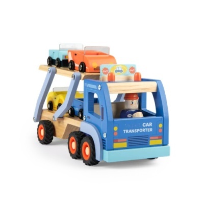 Camionista de madeira azul com mini carros coloridos e boneco no volante