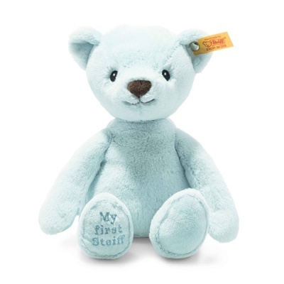 Ursinho de peluche azul claro com texto bordado no pé