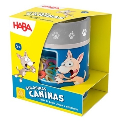 Produto em embalagem amarela e azul com desenho de cão e guloseimas coloridas