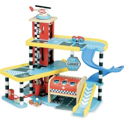 Brinquedo de garagem de estacionamento de madeira com carrinhos e rampa.