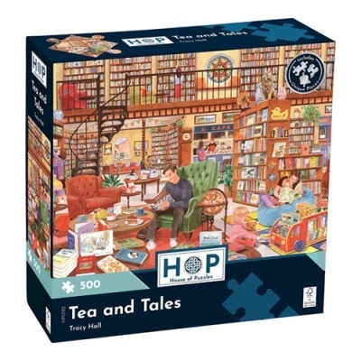 Caixa de puzzle Tea and Tales com ilustração de biblioteca e leitura