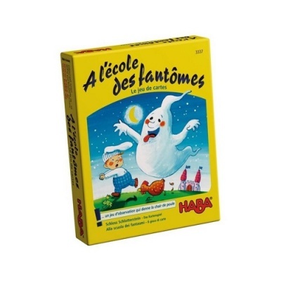 Caixa amarela de jogo de cartas 'A l'école des fantômes' com ilustração de fantasma e criança