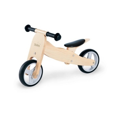 Bicicleta de equilíbrio infantil em madeira com rodas pretas e assento preto