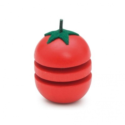 Boneco de madeira em forma de tomate vermelho com folhas verdes