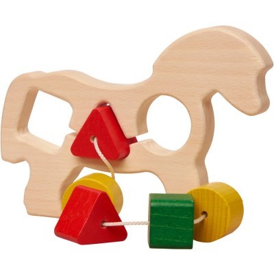 Brinquedo de madeira em forma de cavalo com peças coloridas encaixáveis