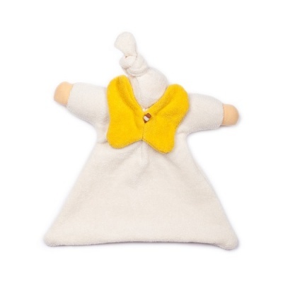 Boneco de peluche anjo branco com asas amarelas e nó no topo