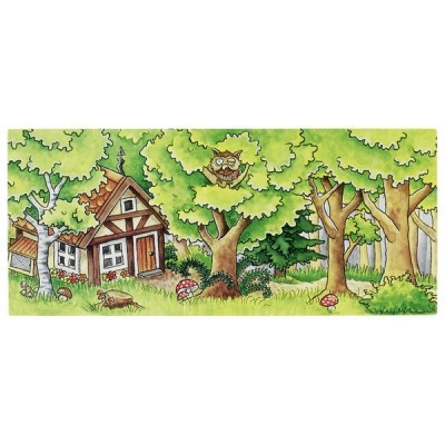 Ilustração de casa de campo entre árvores com mocho