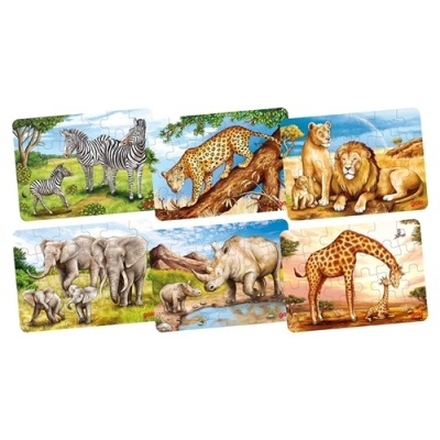 Seis puzzles infantis com animais da savana em ambientes naturais coloridos.