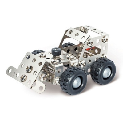 Modelo de veículo de construção metálico com rodas pretas.