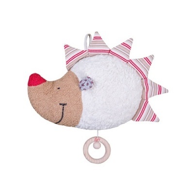 Brinquedo de peluche em forma de porco-espinho com corpo branco e espinhos riscados