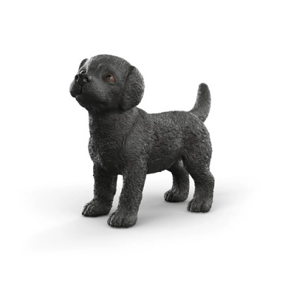 Estátua de cachorro preto com textura de pêlo, olhos castanhos, em fundo branco