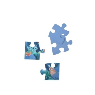 Três peças de puzzle de papel/cartão com desenhos e texto coloridos em tons de azul.