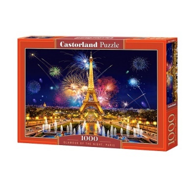 Caixa de quebra-cabeças de 1000 peças com imagem da Torre Eiffel e fogos de artifício à noite