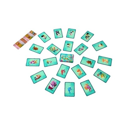 Jogo de cartas com personagens animados coloridos em fundo azul esverdeado