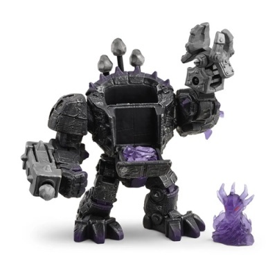 Figura de ação robô preto e roxo com compartimento aberto e peça translúcida