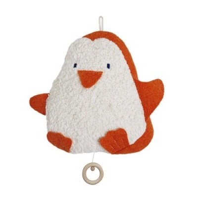 Pelúcia pinguim branca e laranja com cordão e anilha de madeira