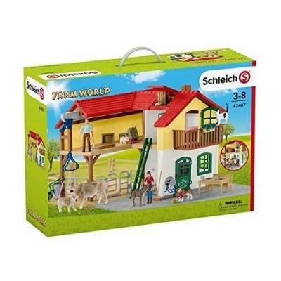 Caixa do brinquedo Farm World da Schleich com casa de fazenda e figuras de pessoas e animais