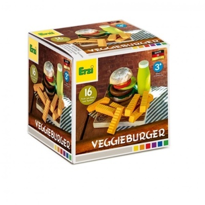 Caixa de brinquedo VeggieBurger com peças coloridas de madeira