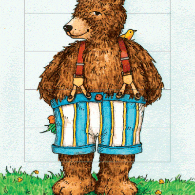 Urso vestido com calções às riscas e suspensórios com um pássaro no ombro e uma cenoura