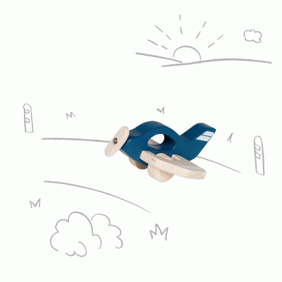 Avião de brinquedo em madeira azul e clara com desenhos de fundo