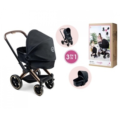 Carrinho de bebé preto com estrutura metálica dourada e rodas detalhes dourados