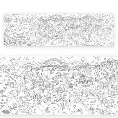 Desenho panorâmico preto e branco com cenas da natureza e personagens