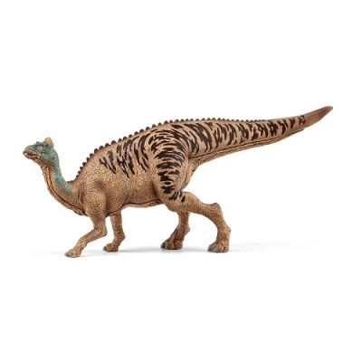 Figura de dinossauro Parasaurolophus castanho com riscas pretas e detalhe azul