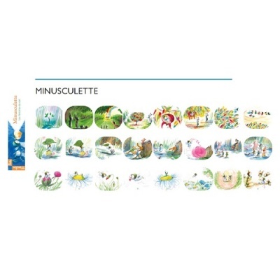 Cartas ilustradas com desenhos de animais e natureza e embalagem azul com texto MINUSCULETTE