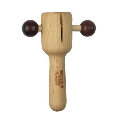 Instrumento musical de madeira clara com cabo e bolas escuras nas extremidades