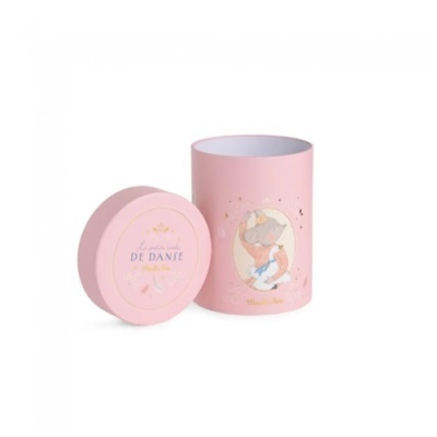 Embalagem rosa cilíndrica com elefante e texto decorativo