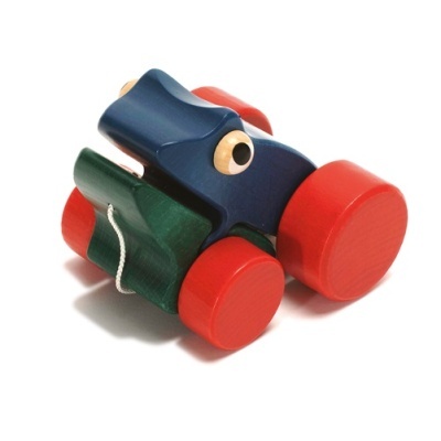 Brinquedo de madeira azul, vermelho, verde com olhos salientes.