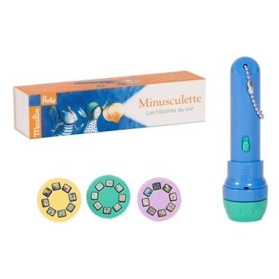 Projetor de histórias azul com discos coloridos e caixa