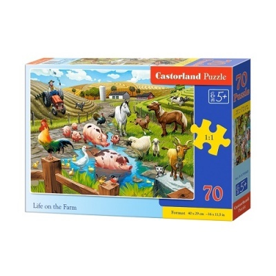 Caixa de puzzle Castorland com 70 peças, tema Life on the Farm, animais de quinta e trator.