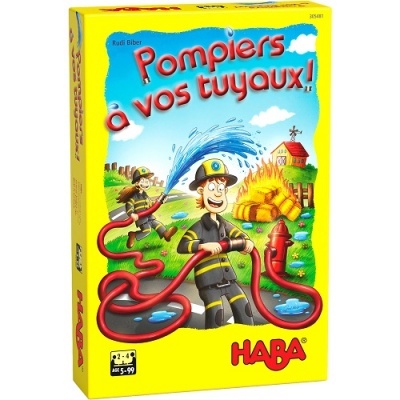 Caixa amarela do jogo Pompiers à vos tuyaux! da HABA com ilustração de bombeiros