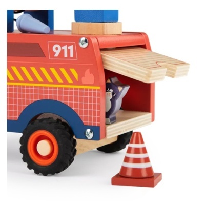 Veículo de brinquedo de madeira vermelho com detalhes e acessório cone de trânsito