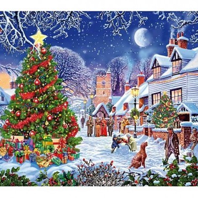 Ilustração de cenário natalício ao ar livre com árvore de Natal, pessoas, casas e neve