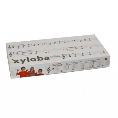 Caixa de xilofone infantil com decoração de notas musicais e imagem de crianças