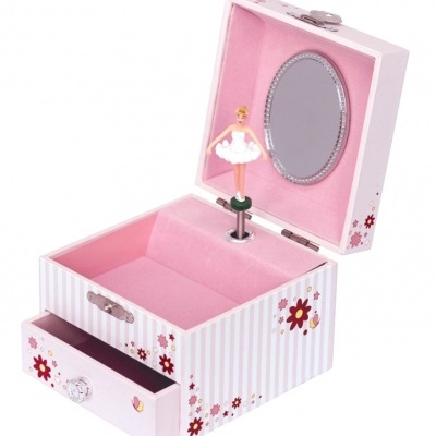 Caixa de música e joias rosa com bola bailarina, espelho oval e padrão floral.