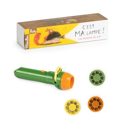 Lanterna verde e laranja com três discos coloridos e caixa com texto em francês