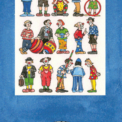 Cartão com desenhos coloridos de 13 palhaços sobre fundo azul iluminado