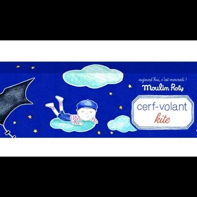 Embalagem azul para pipa com morcegos, nuvens e menino a voar com pipa