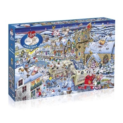 Caixa de puzzle com ilustração de vila natalícia nevadas e atividades festivas