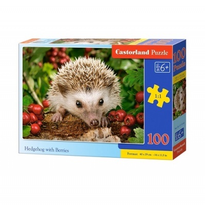 Caixa de puzzle com imagem de um ouriço entre bagas vermelhas