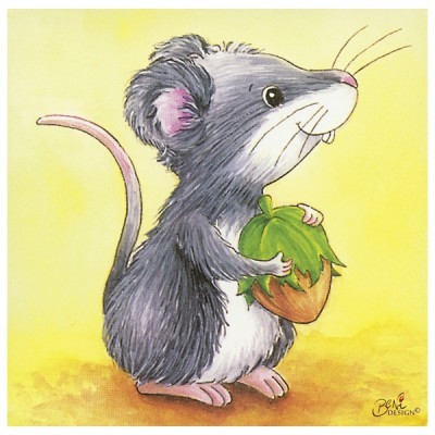 Ilustração de rato cinzento segurando uma noz