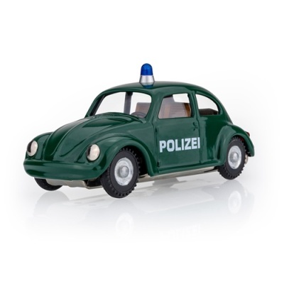 Carrinho de polícia em miniatura verde com luz azul e texto POLIZEI