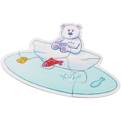 Quebra-cabeça de espuma com urso polar e peixes em bloco de gelo