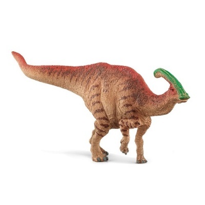 Figura de dinossauro Parasaurolophus castanha e vermelha com crista verde