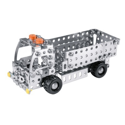 Carrinha metálica prateada com rodas pretas e detalhes laranja